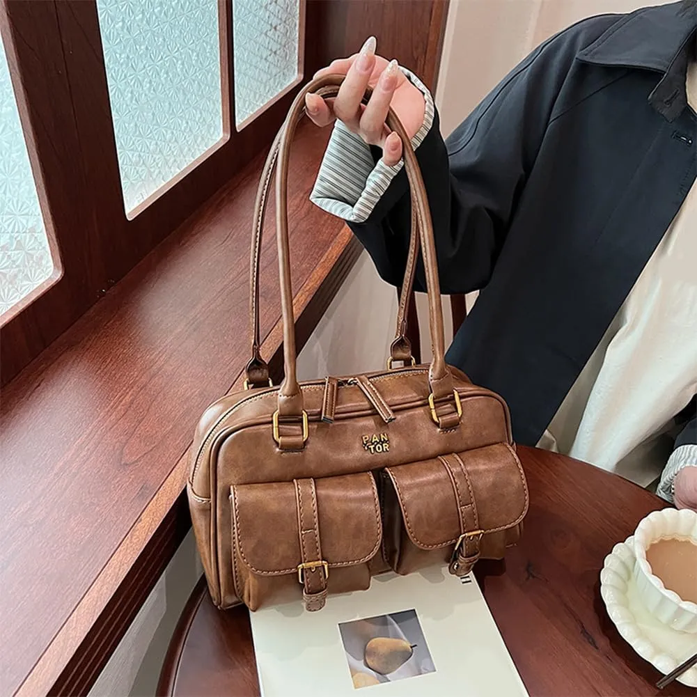 Boston Tote Bag for Women with Multi-Pockets Underarm Bag PU Leather Vintage Shoulder Bag Clutch Purse for Travel Wo