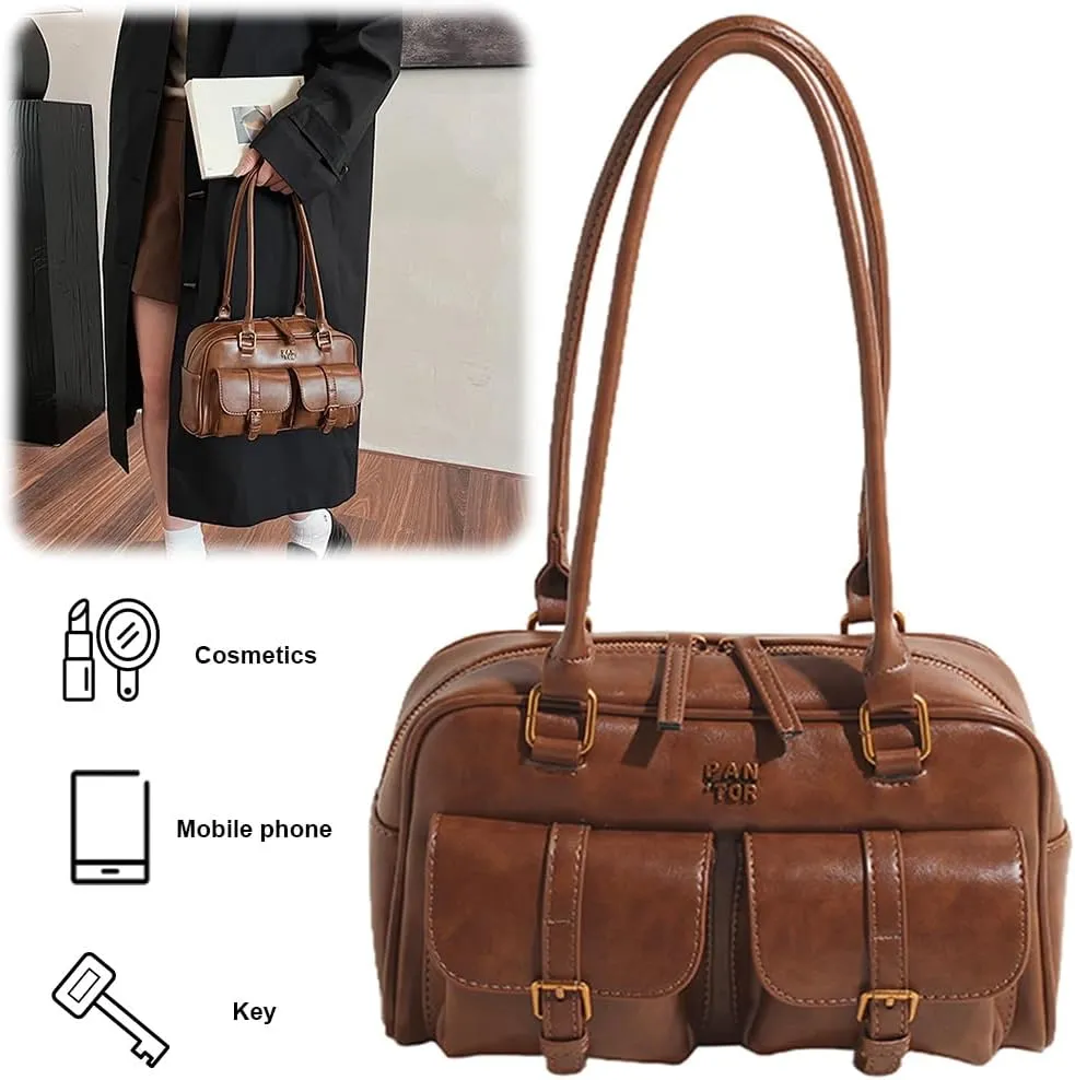 Boston Tote Bag for Women with Multi-Pockets Underarm Bag PU Leather Vintage Shoulder Bag Clutch Purse for Travel Wo