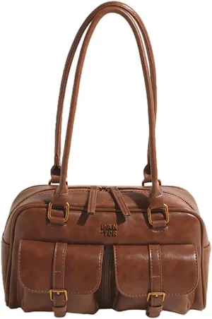 Boston Tote Bag for Women with Multi-Pockets Underarm Bag PU Leather Vintage Shoulder Bag Clutch Purse for Travel Wo