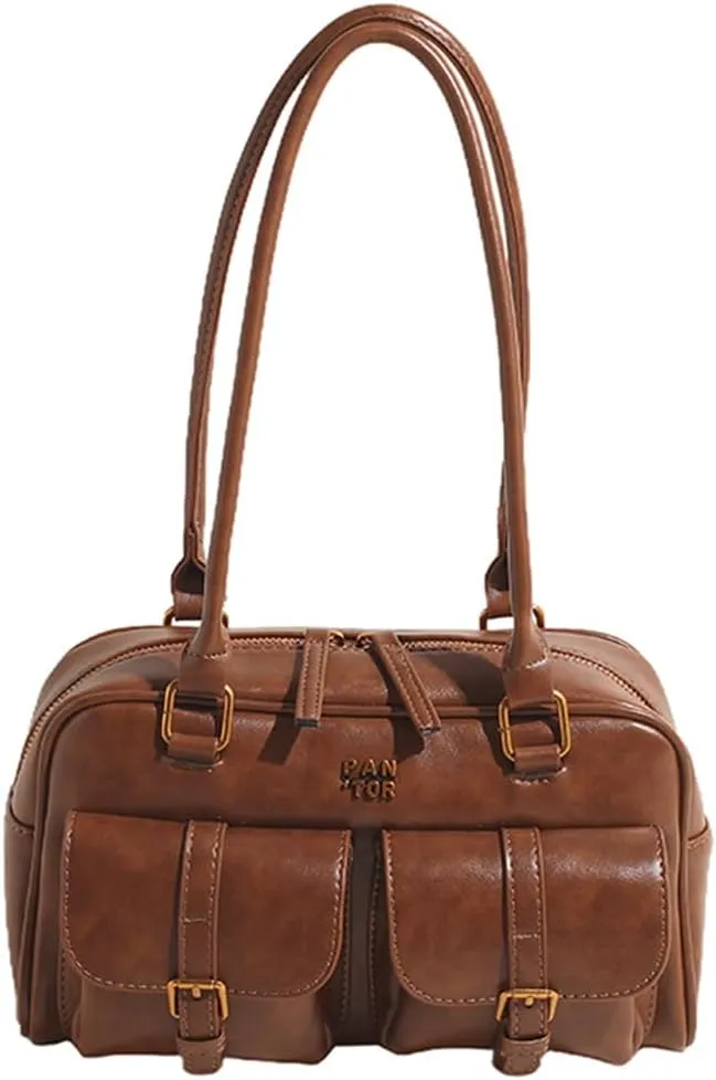 Boston Tote Bag for Women with Multi-Pockets Underarm Bag PU Leather Vintage Shoulder Bag Clutch Purse for Travel Wo