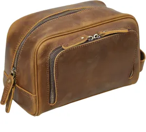 Polare Vintage Full Grain Leather Handmade Travel Toiletry Bag for Men - Dopp Kit - Shaving Kit with YKK Metal Zippers A-Brown