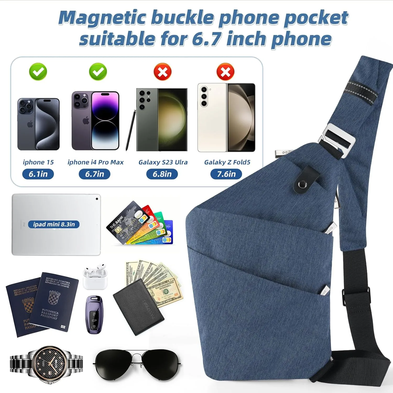 VADOO Anti-theft Crossbody Bags for Women, Shoulder Sling Bag for Men Lightweight Chest Bag for Travel Sport